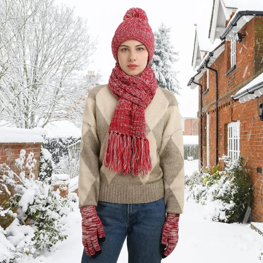 Honnesserry Winter Warm Beanie Hat Scarf and Touchscreen Gloves Set for Womens Skull Caps Neck Scarves with Fleece Lined