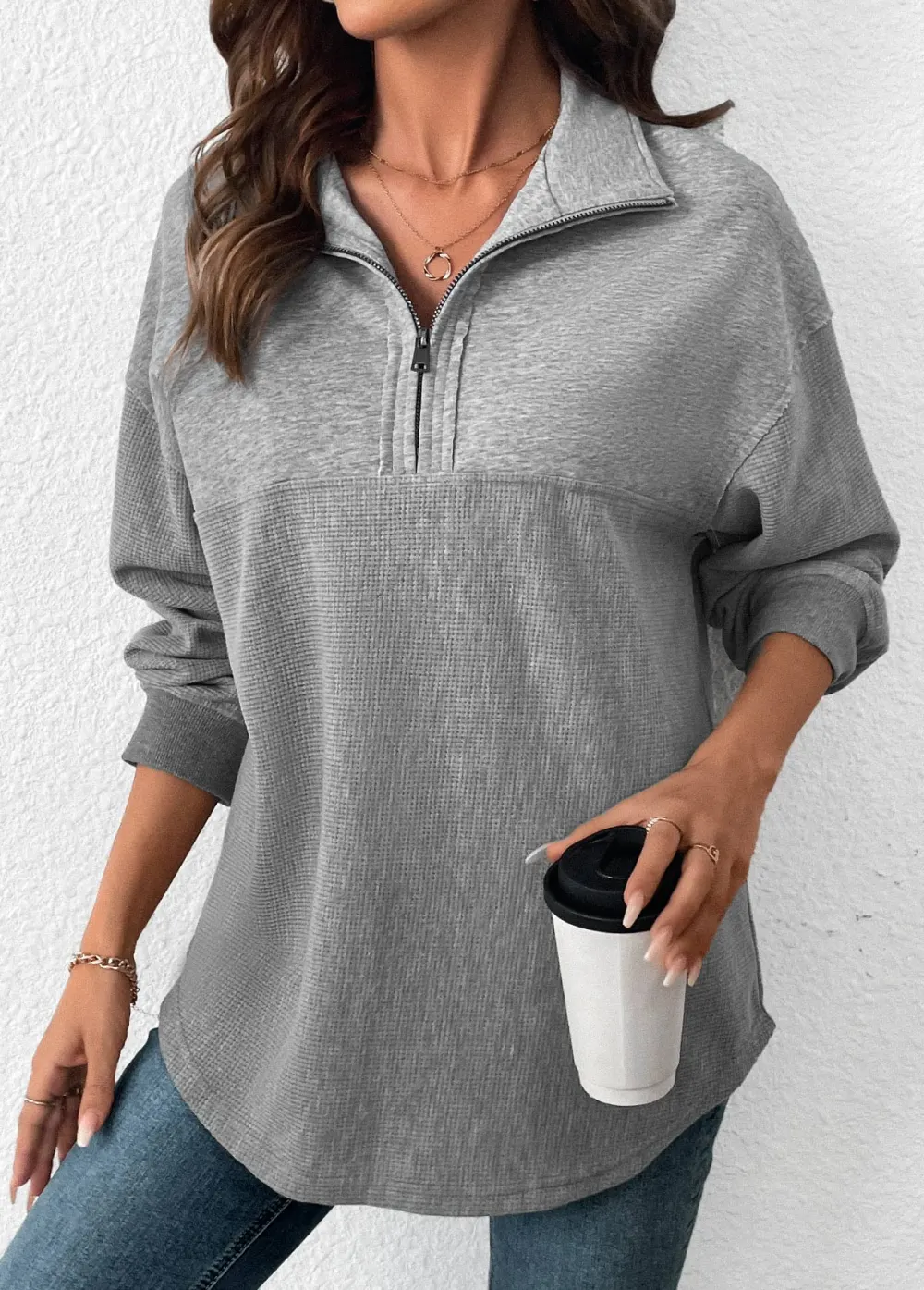 Grey Tummy Coverage Long Sleeve Turn Down Collar Sweatshirt