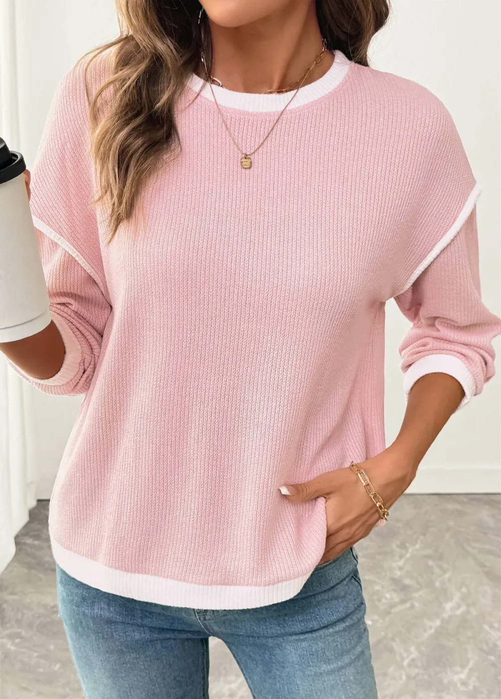 Pink Patchwork Long Sleeve Round Neck Sweatshirt