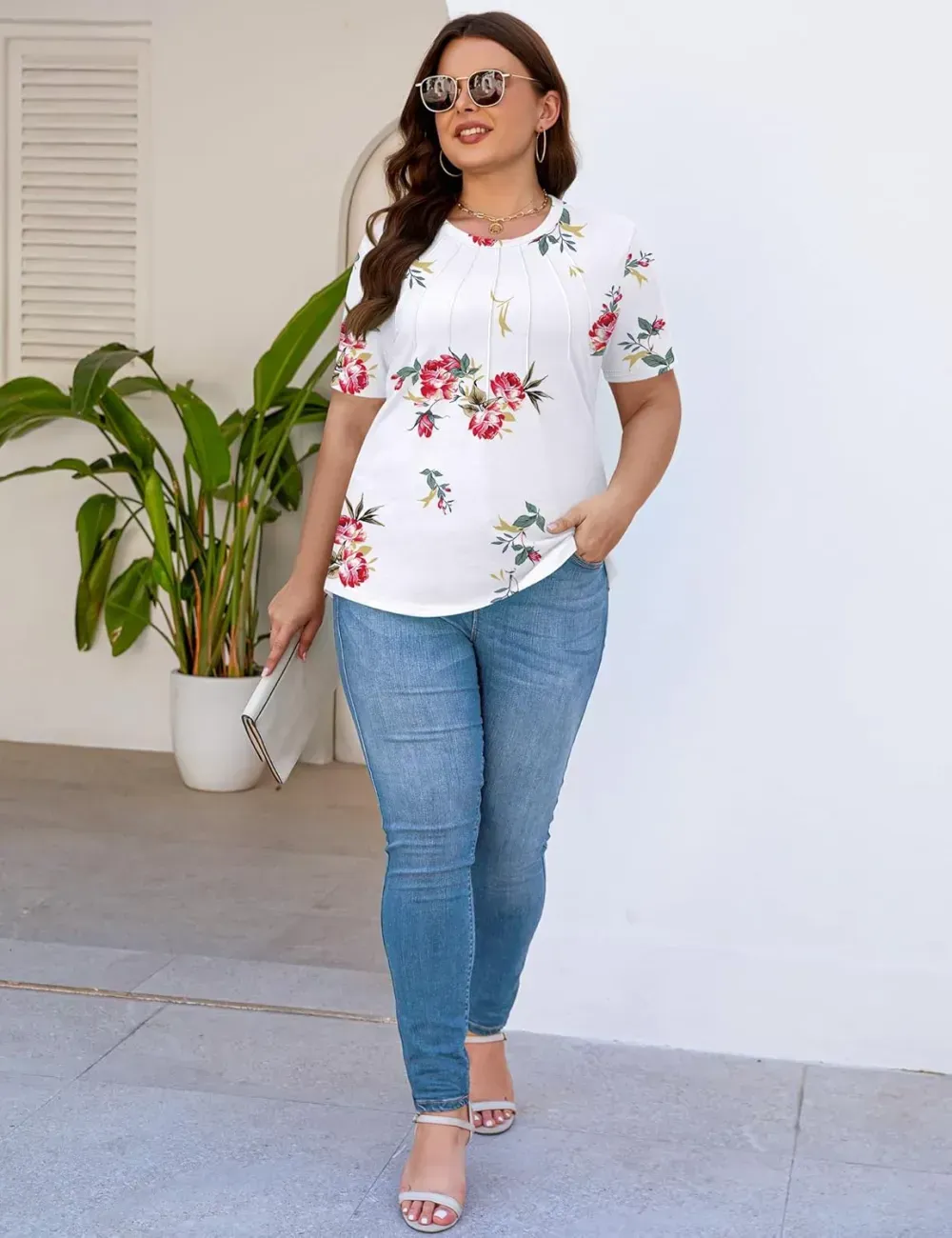 Kistore Womens Casual Crew Neck Short Sleeve Pleated Tops Blouses Fashion Clothes 2024