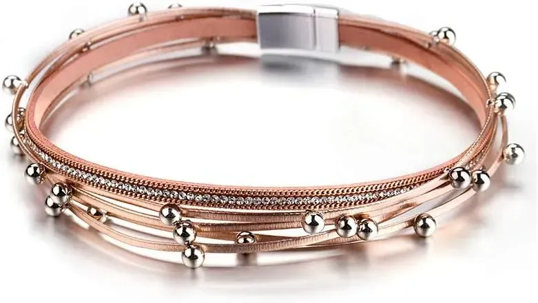 Fesciory Leather Wrap Bracelets for Women, Boho Leopard Multi-Layer Crystal Beads Cuff Bracelet Jewelry