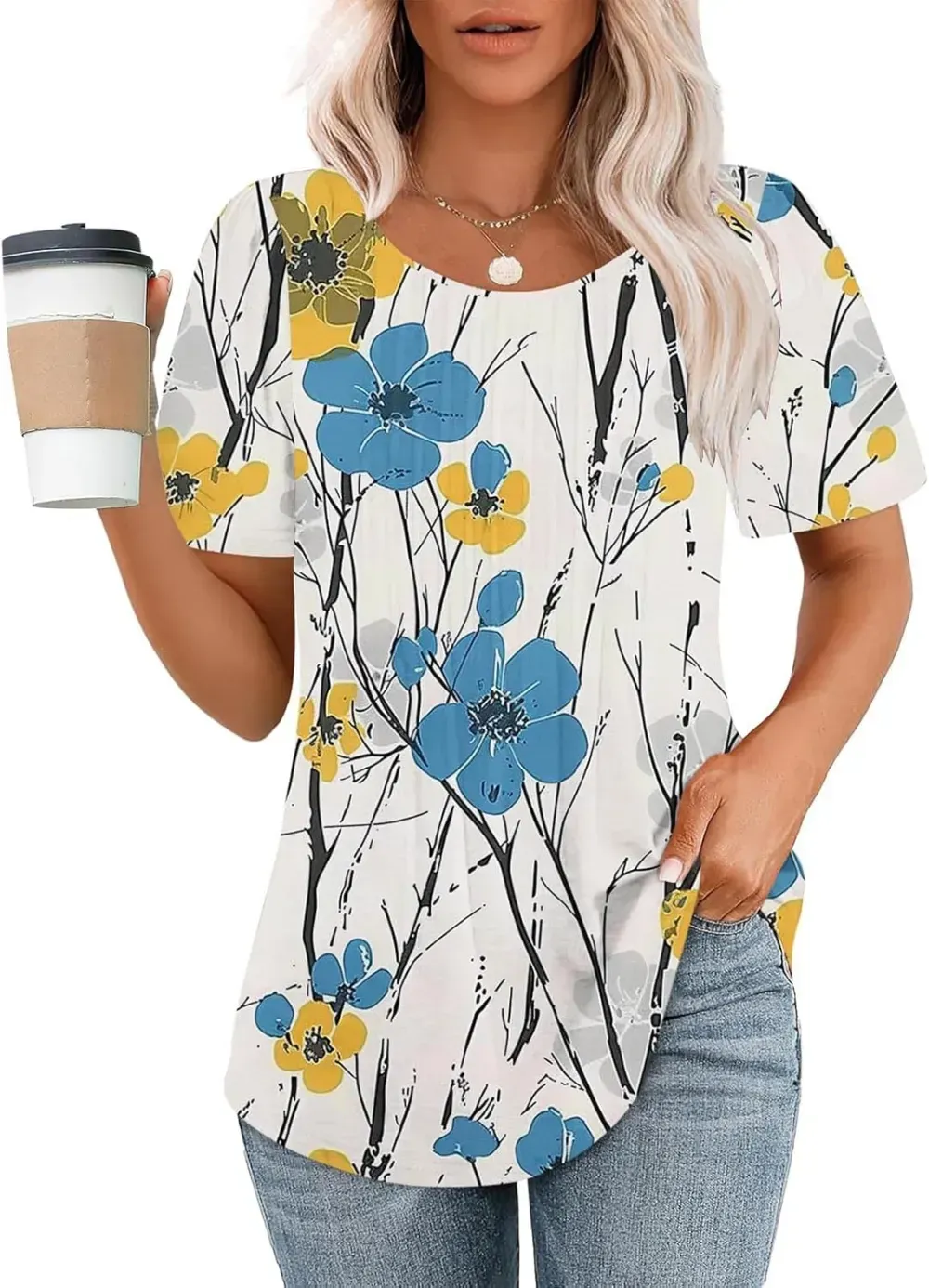 Womens Summer Pleated Front Shirts Tunics Casual Short Sleeved Loose Round Neck Boho Printed Tops Vacation Blouse