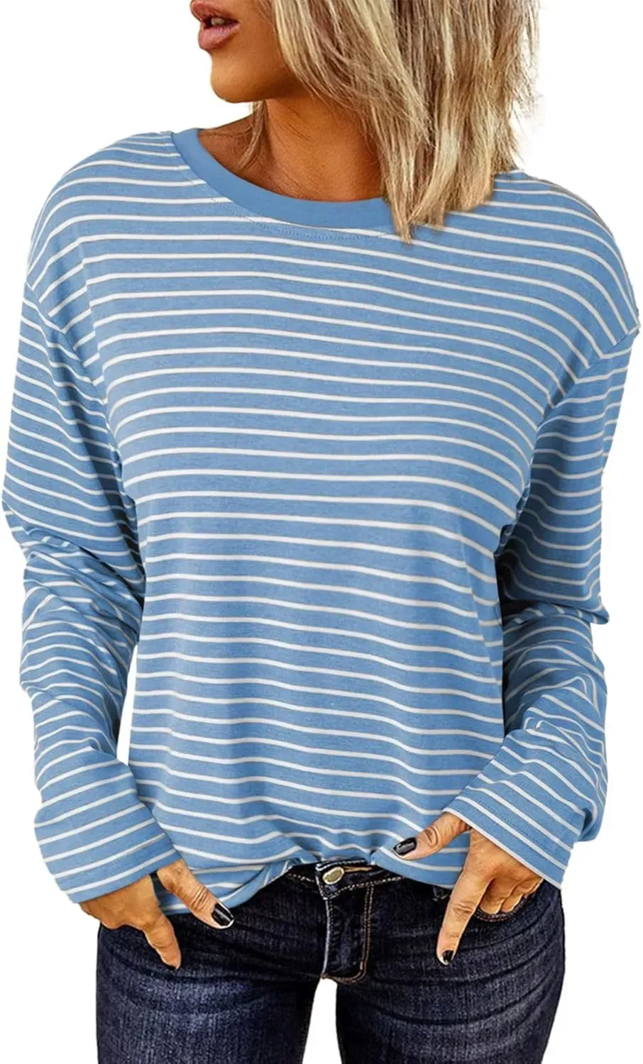 Dokotoo Women's Casual Striped Long Sleeve Tops Crew Neck Knit Ribbed Basic T Shirts