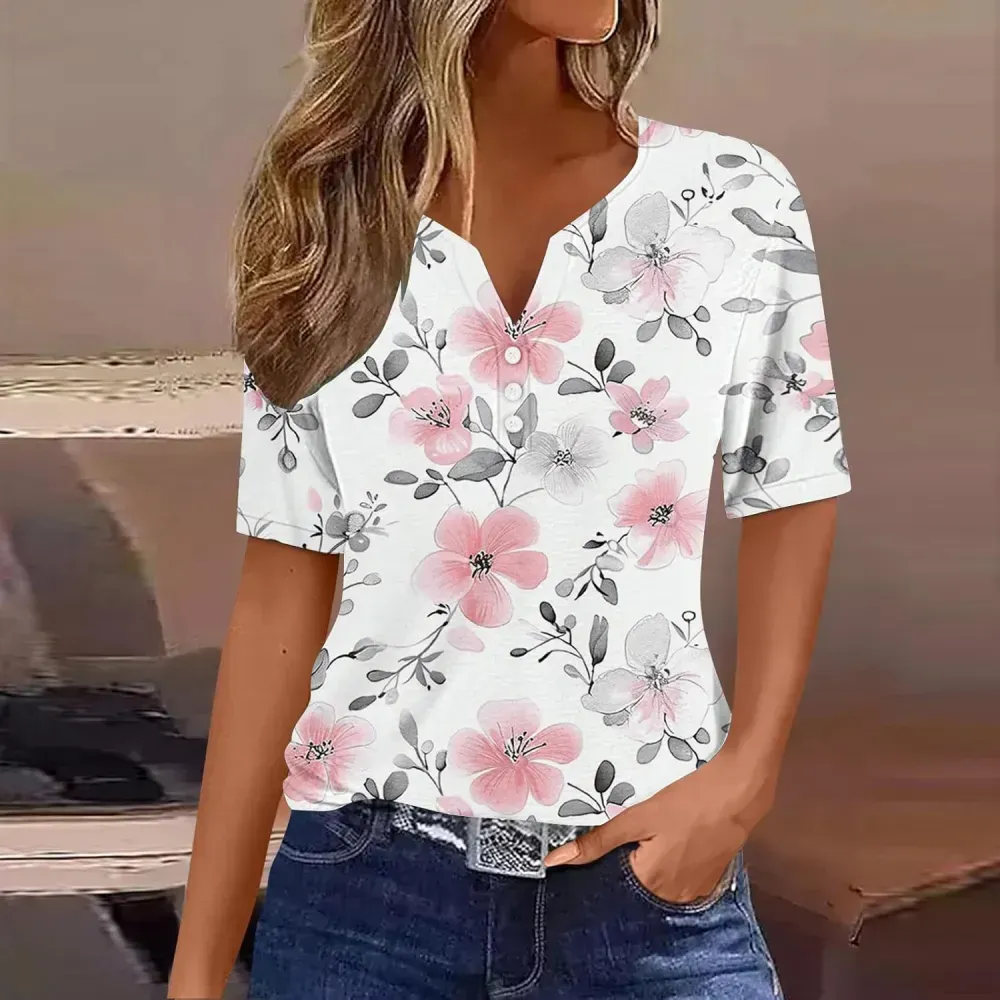 Shirts for Women Casual Printed Summer Tops Short-Sleeved Button V-Neck Tops Blouse Fashion Boho T-Shirts