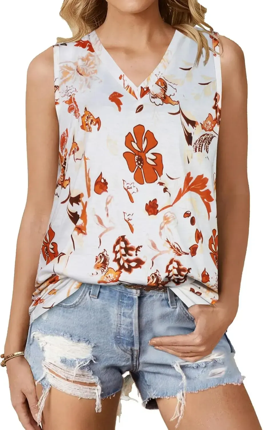 Summer Tops for Women Sleeveless V Neck Tshirt Loose Fit Casual Tank Tunic Blouse