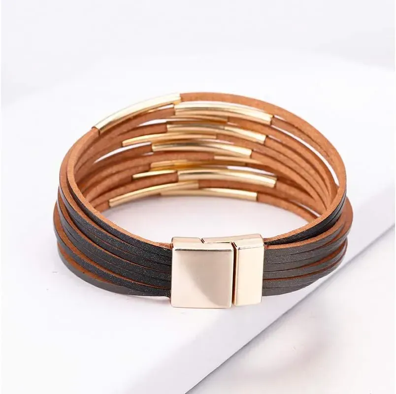 Fesciory Leather Wrap Bracelets for Women, Boho Leopard Multi-Layer Crystal Beads Cuff Bracelet Jewelry