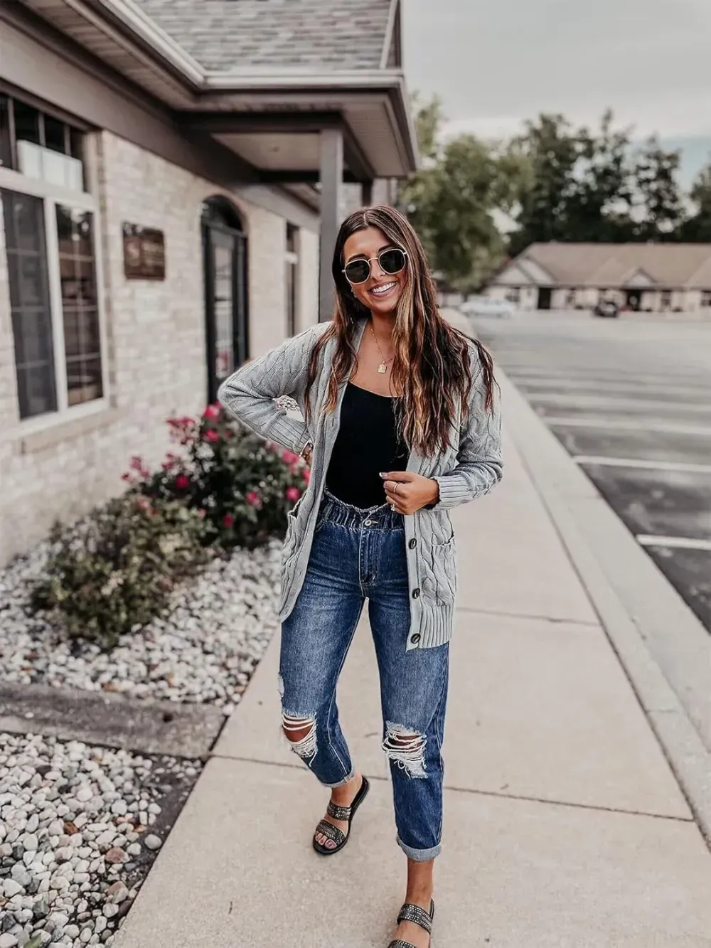 MEROKEETY Women's 2024 Fall Long Sleeve Cable Knit Sweater Open Front Cardigan Button Loose Outerwear