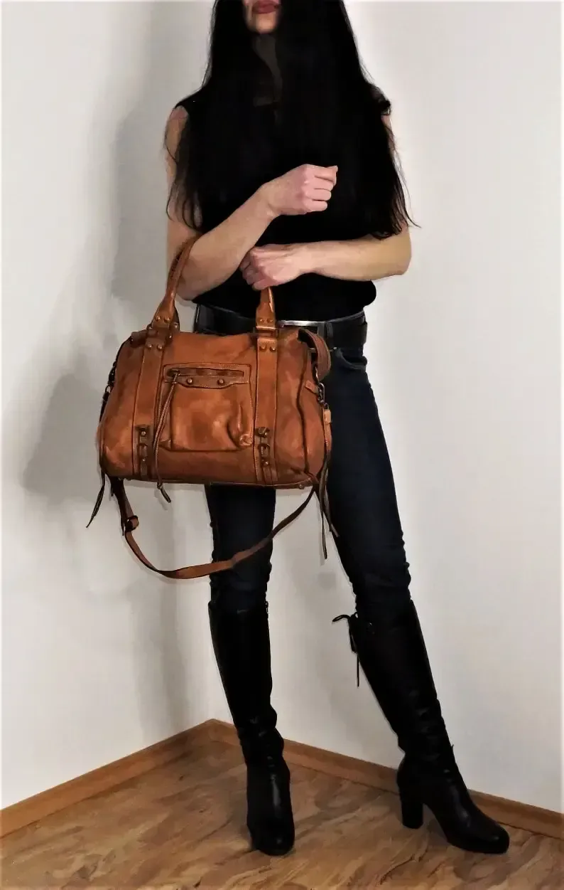 Cognac Italian Leather Bag  Italy Soft Leather Crossbdody Bag