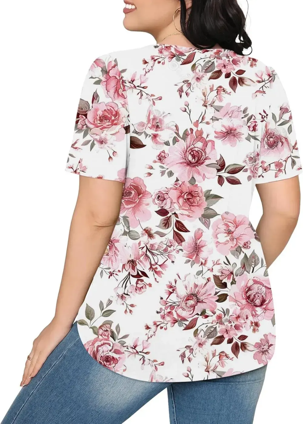 Womens Summer Pleated Front Shirts Tunics Casual Short Sleeved Loose Round Neck Boho Printed Tops Vacation Blouse