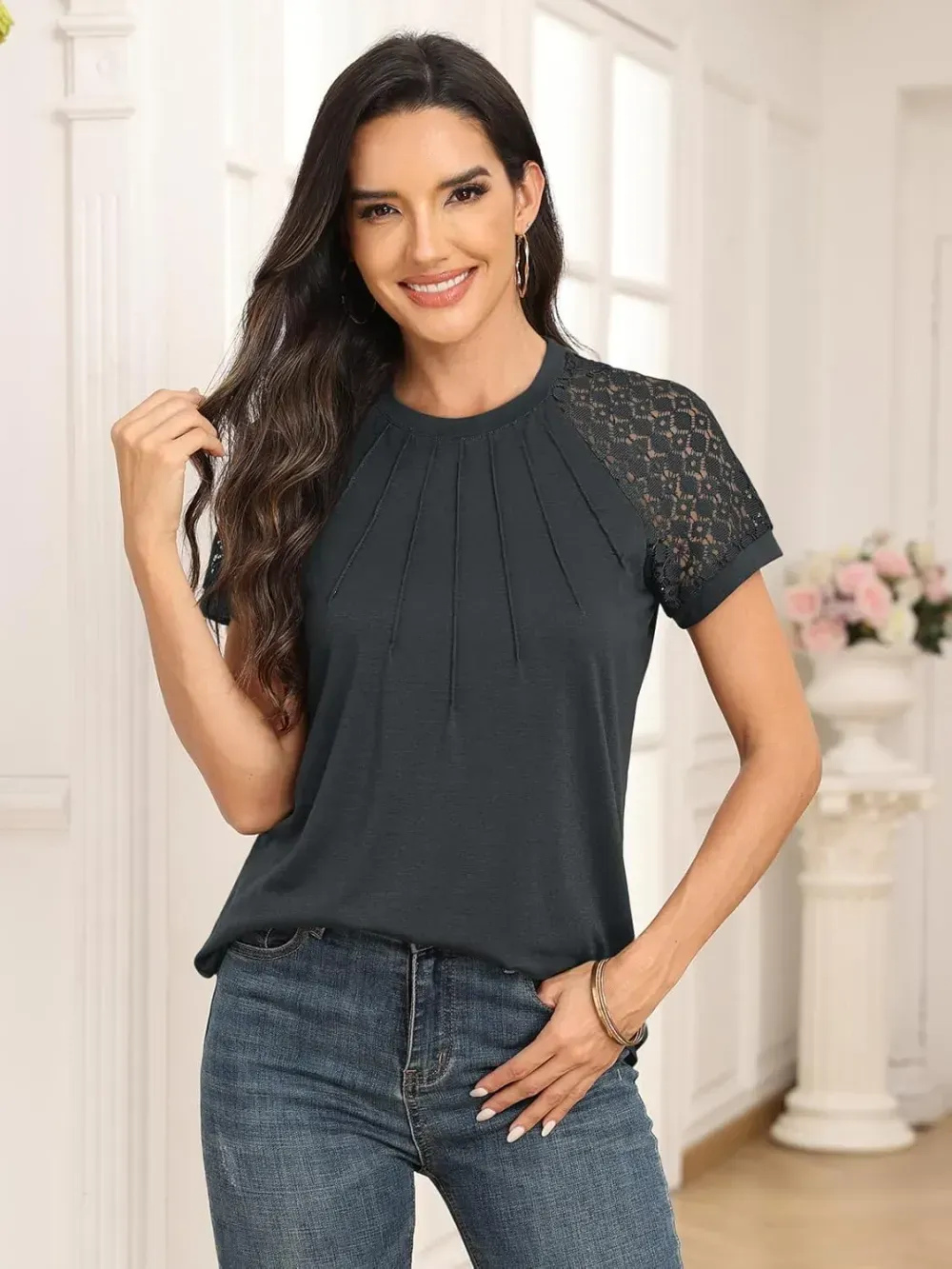 AUTOMET Womens Tshirts Trendy Fashion Tops Lace Short Sleeve Business Tee Shirts Casual Knitted Blouses Summer Outfits 2024