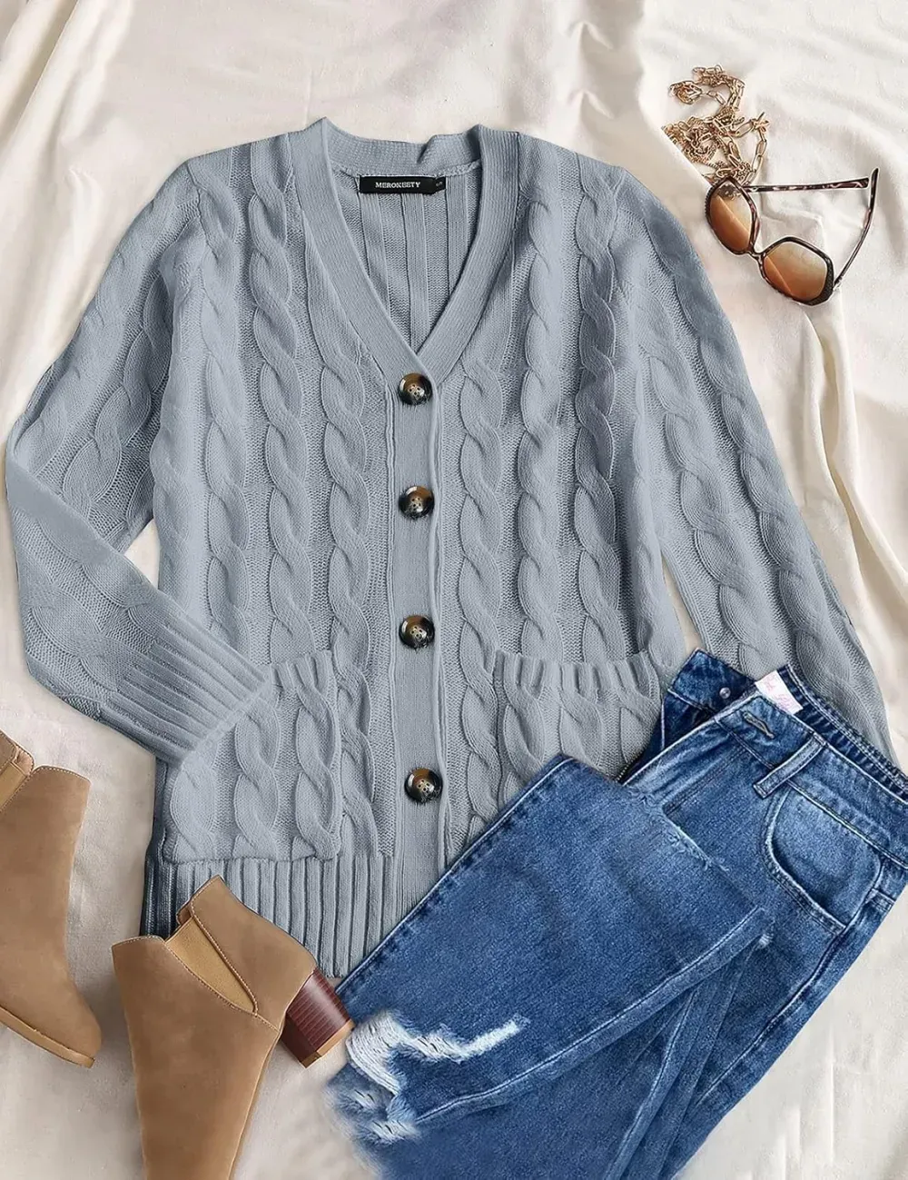 MEROKEETY Women's 2024 Fall Long Sleeve Cable Knit Sweater Open Front Cardigan Button Loose Outerwear