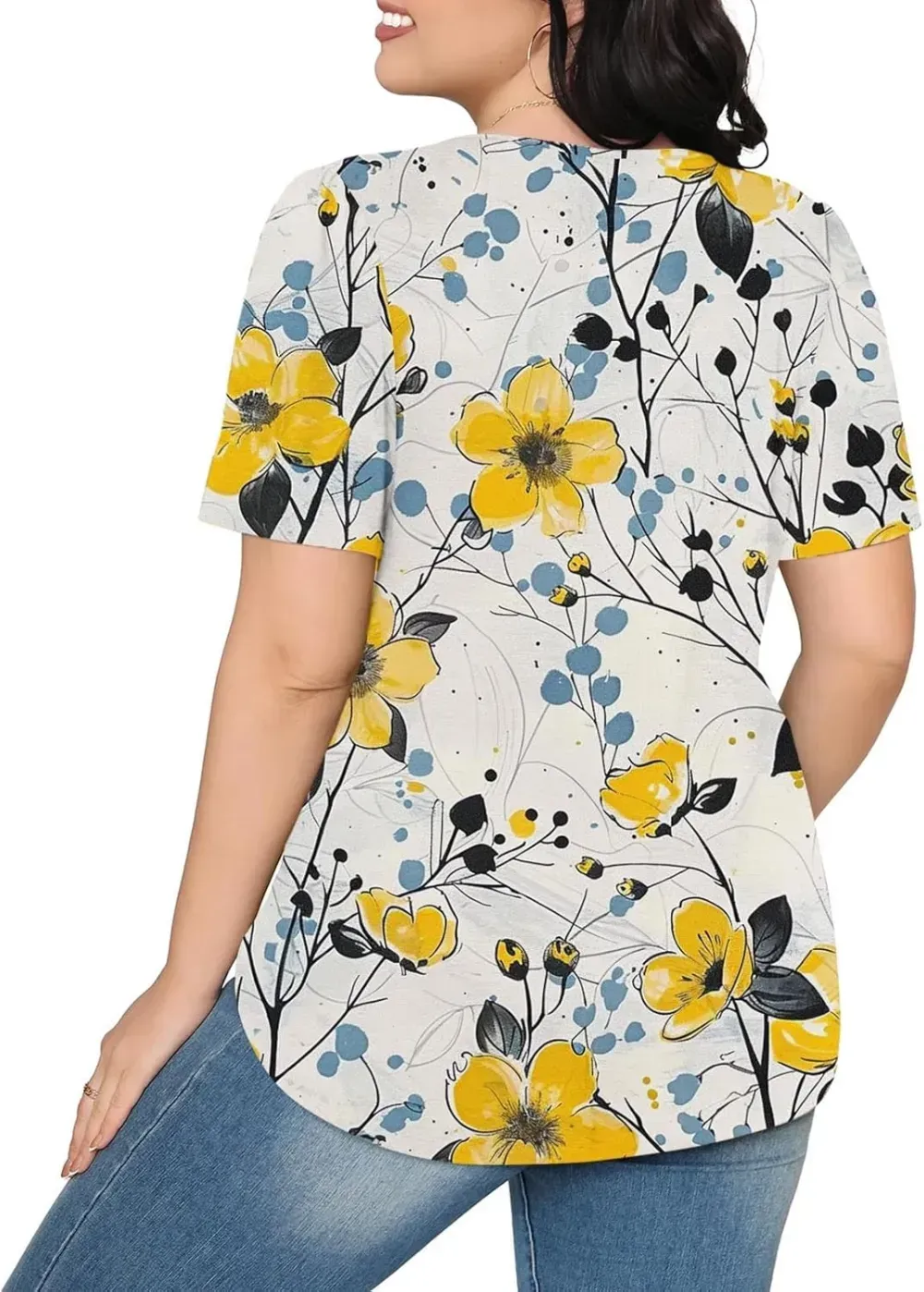 Womens Summer Pleated Front Shirts Tunics Casual Short Sleeved Loose Round Neck Boho Printed Tops Vacation Blouse