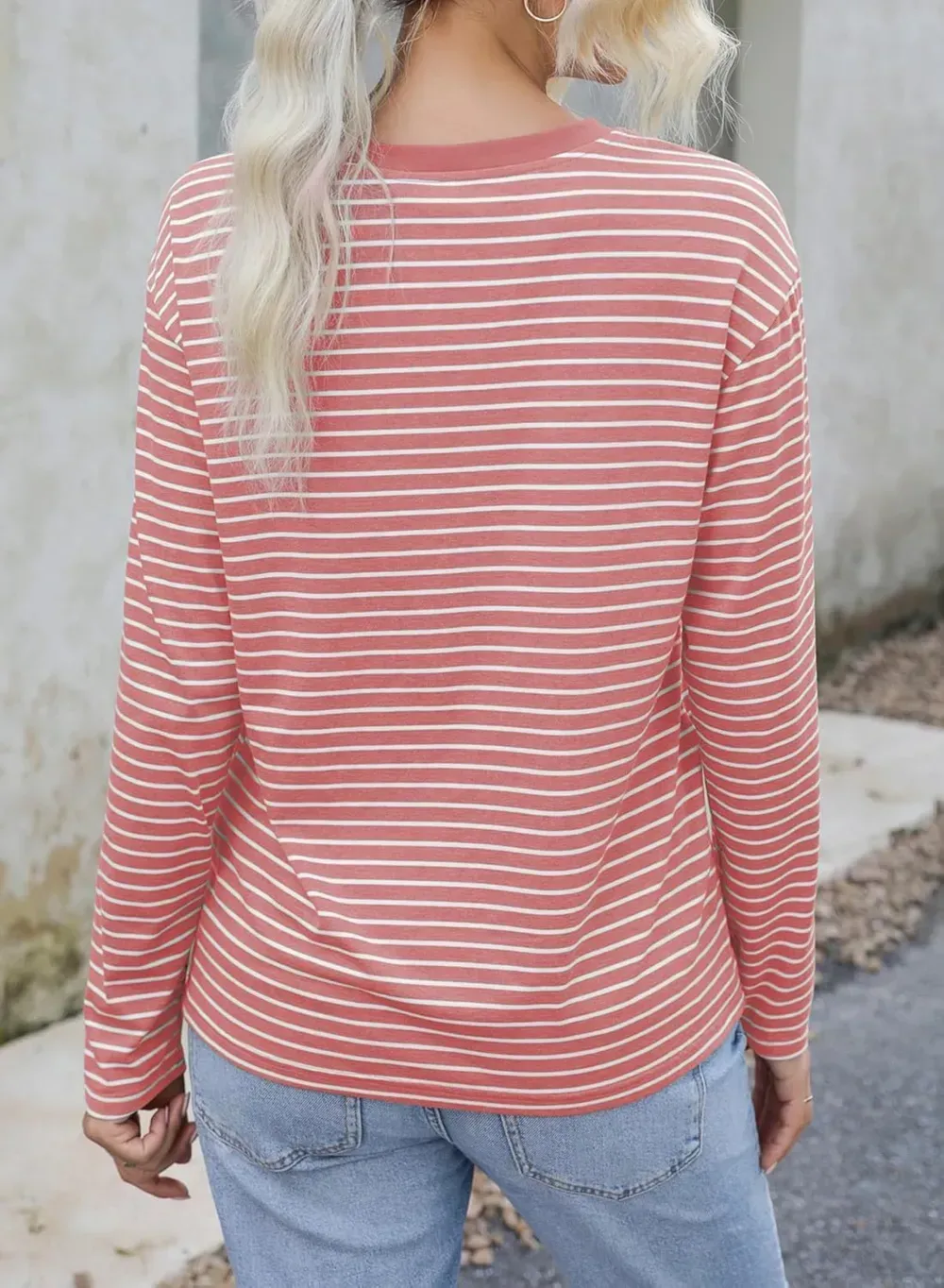 Dokotoo Women's Casual Striped Long Sleeve Tops Crew Neck Knit Ribbed Basic T Shirts