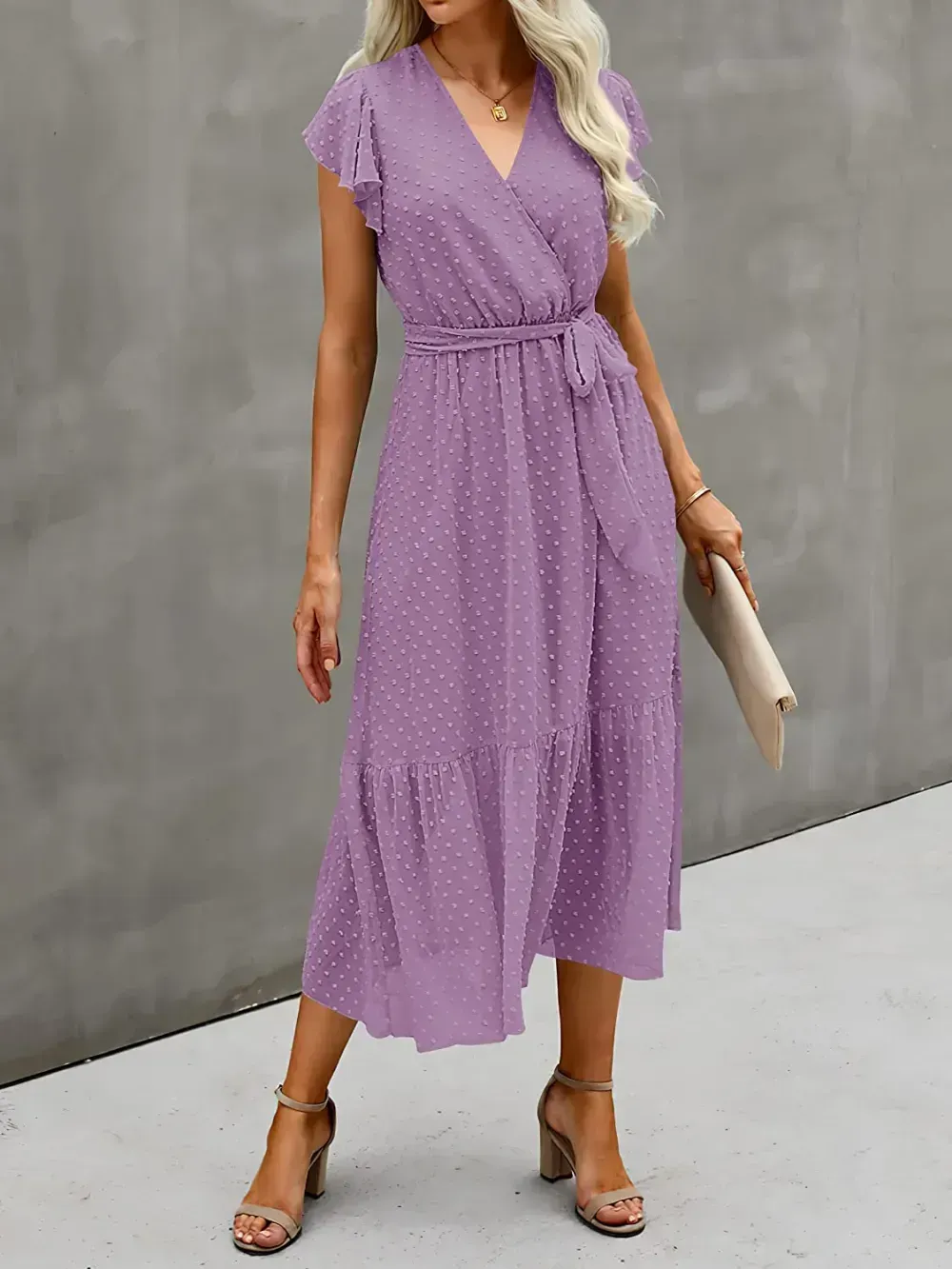 Women Summer Bohemian Floral Casual Wrap V Neck Ruffle Cap Sleeveless Belt A-Line Pleated Hem Swing Midi Sun Dress