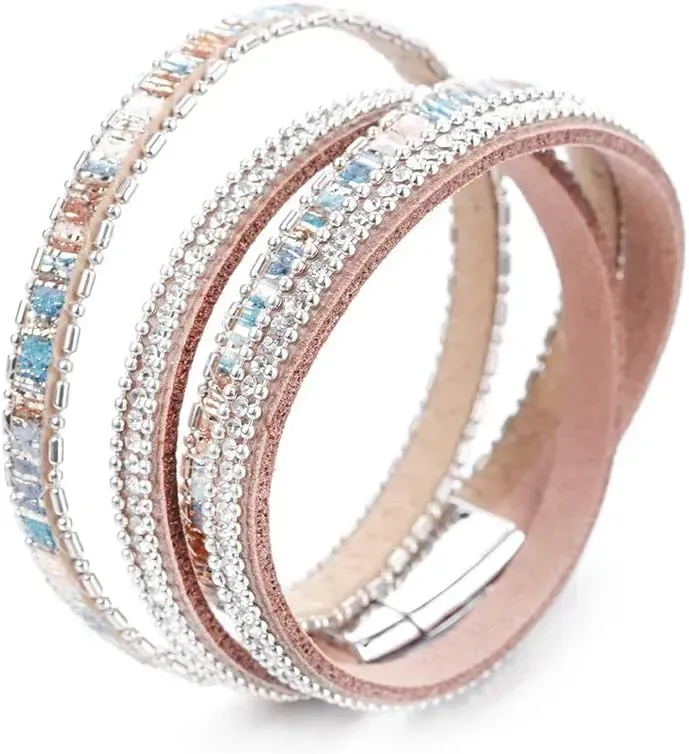 Fesciory Leather Wrap Bracelets for Women, Boho Leopard Multi-Layer Crystal Beads Cuff Bracelet Jewelry