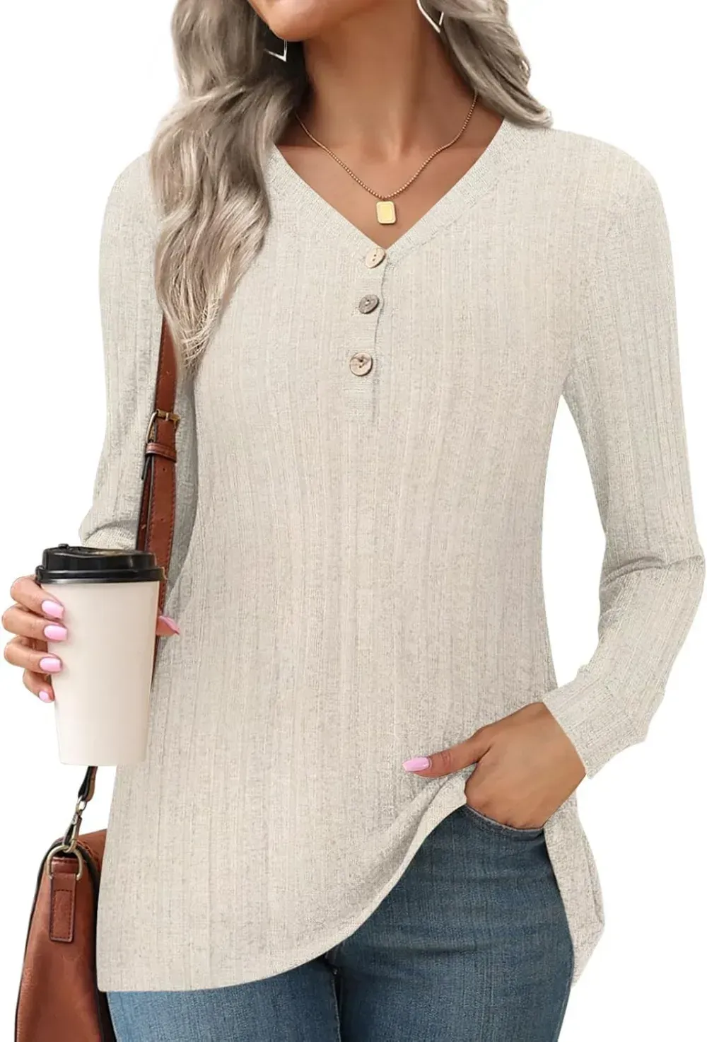 HOTGIFT Womens 2024 Fall Winter Tunic Tops Long Sleeve Casual T-Shirts Soft Comfy Stripe Blouse Lightweight