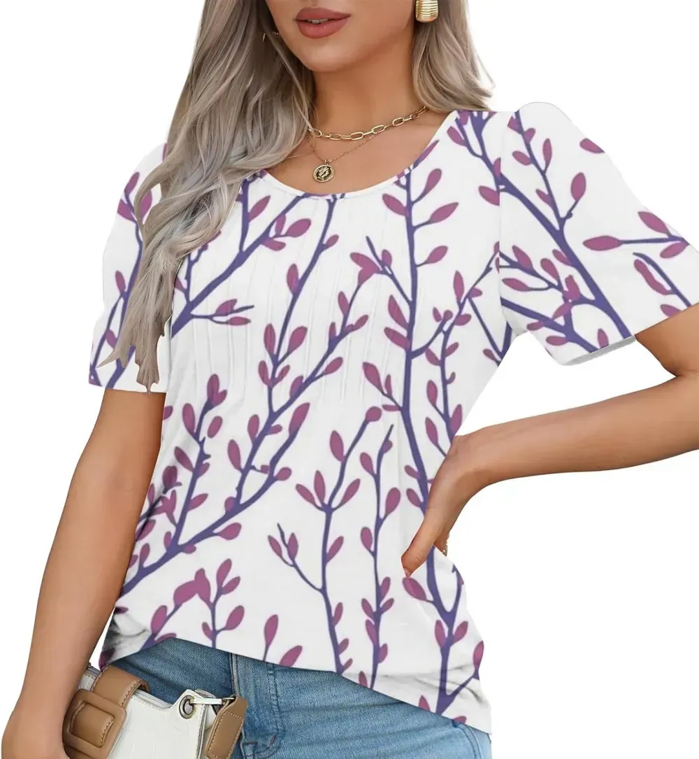 Womens Summer Pleated Front Shirts Tunics Casual Short Sleeved Loose Round Neck Boho Printed Tops Vacation Blouse