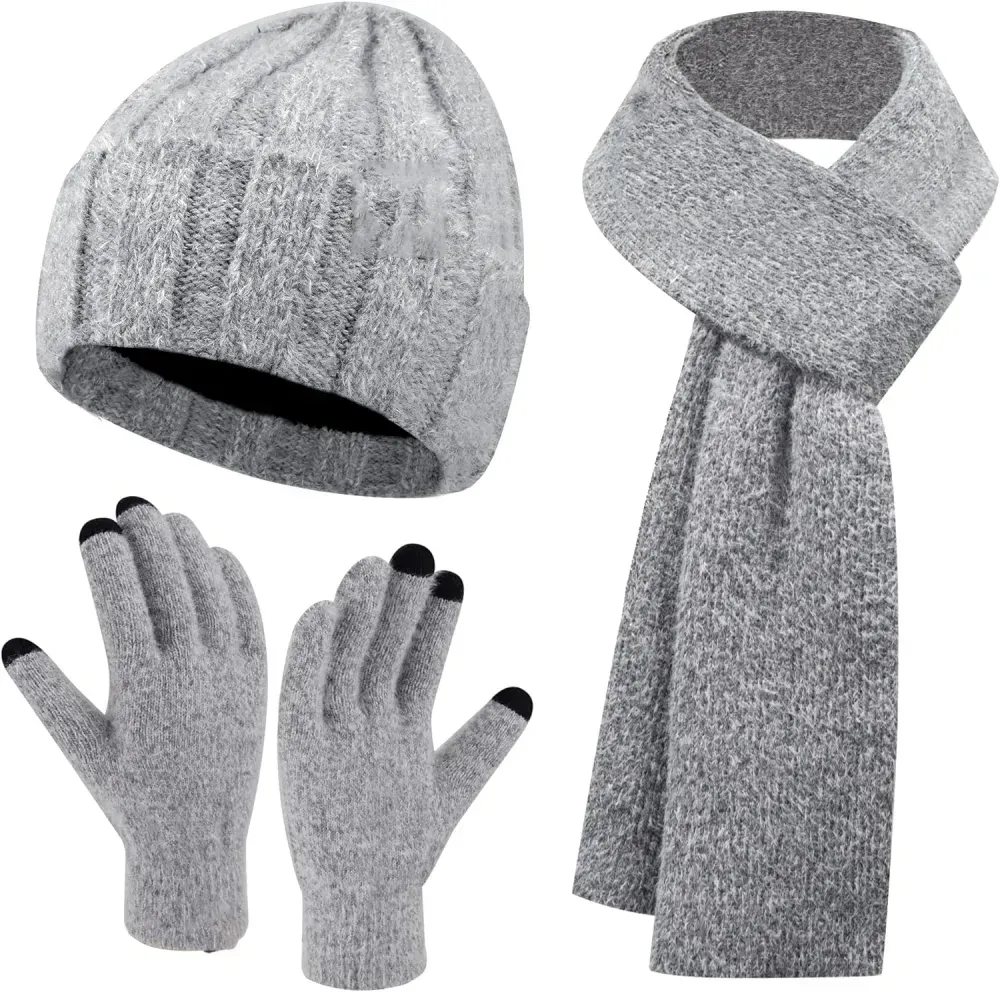 Womens Winter Warm Knit Beanie Hat Touchscreen Gloves Long Scarf Set with Fleece Lined Skull Caps Neck Scarves for Women Men