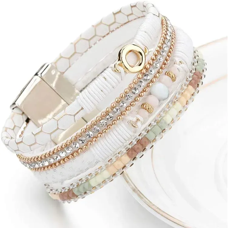 Fesciory Leather Wrap Bracelets for Women, Boho Leopard Multi-Layer Crystal Beads Cuff Bracelet Jewelry