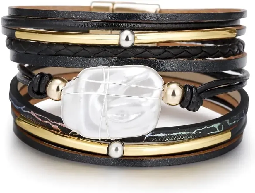 Fesciory Leather Wrap Bracelets for Women, Boho Leopard Multi-Layer Crystal Beads Cuff Bracelet Jewelry