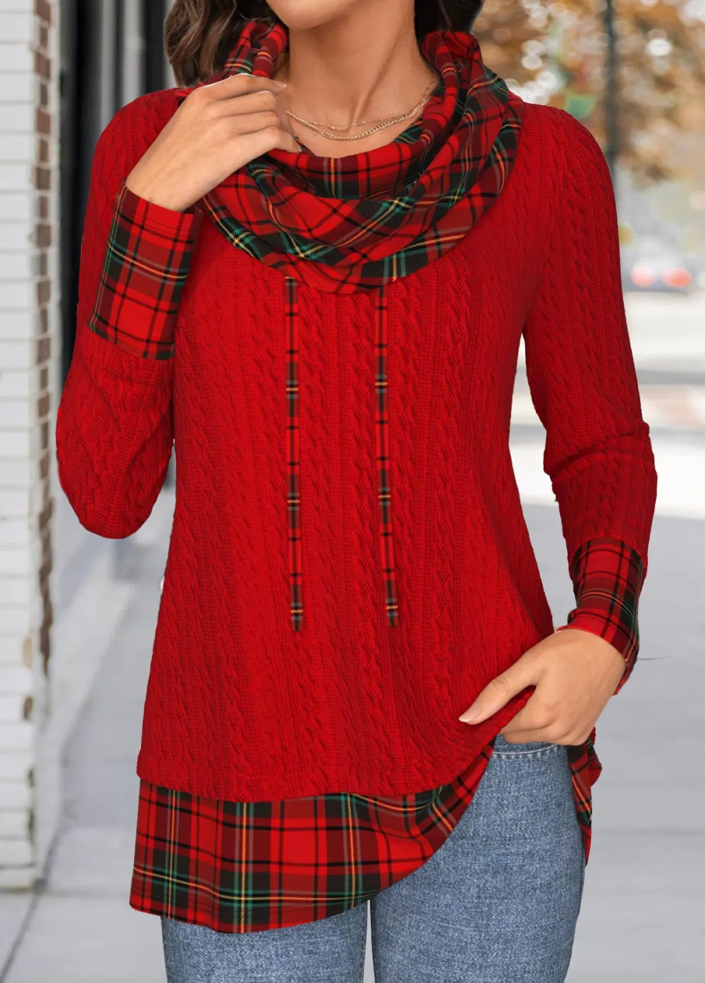Christmas Red Patchwork Plaid Long Sleeve Cowl Neck Sweatshirt
