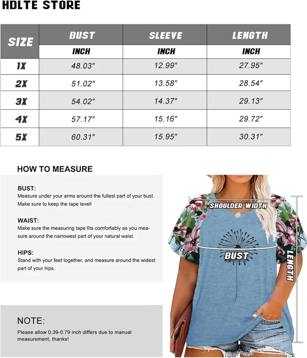 HDLTE Womens Plus Size Tops Floral Bell Sleeves Blouses Summer Crewneck Tunic Loose Casual T Shirts