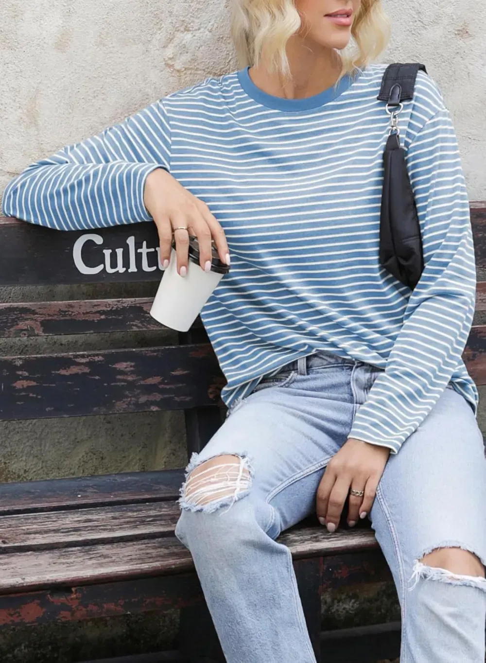 Dokotoo Women's Casual Striped Long Sleeve Tops Crew Neck Knit Ribbed Basic T Shirts