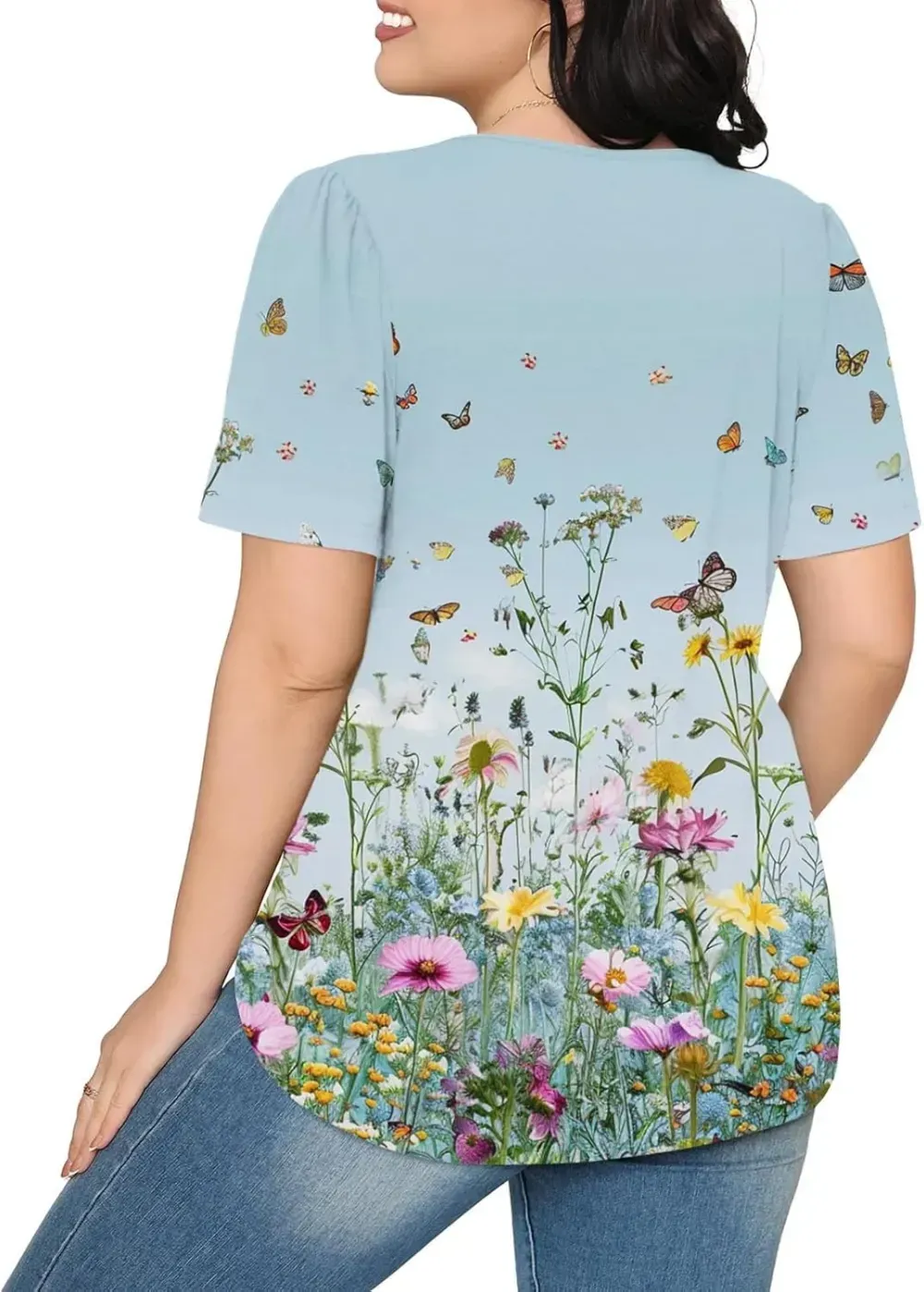 Womens Summer Pleated Front Shirts Tunics Casual Short Sleeved Loose Round Neck Boho Printed Tops Vacation Blouse