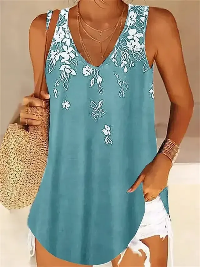 Women's Tank Top Camis Pink Blue Sky Blue Floral Print Sleeveless Casual V Neck Regular Floral S