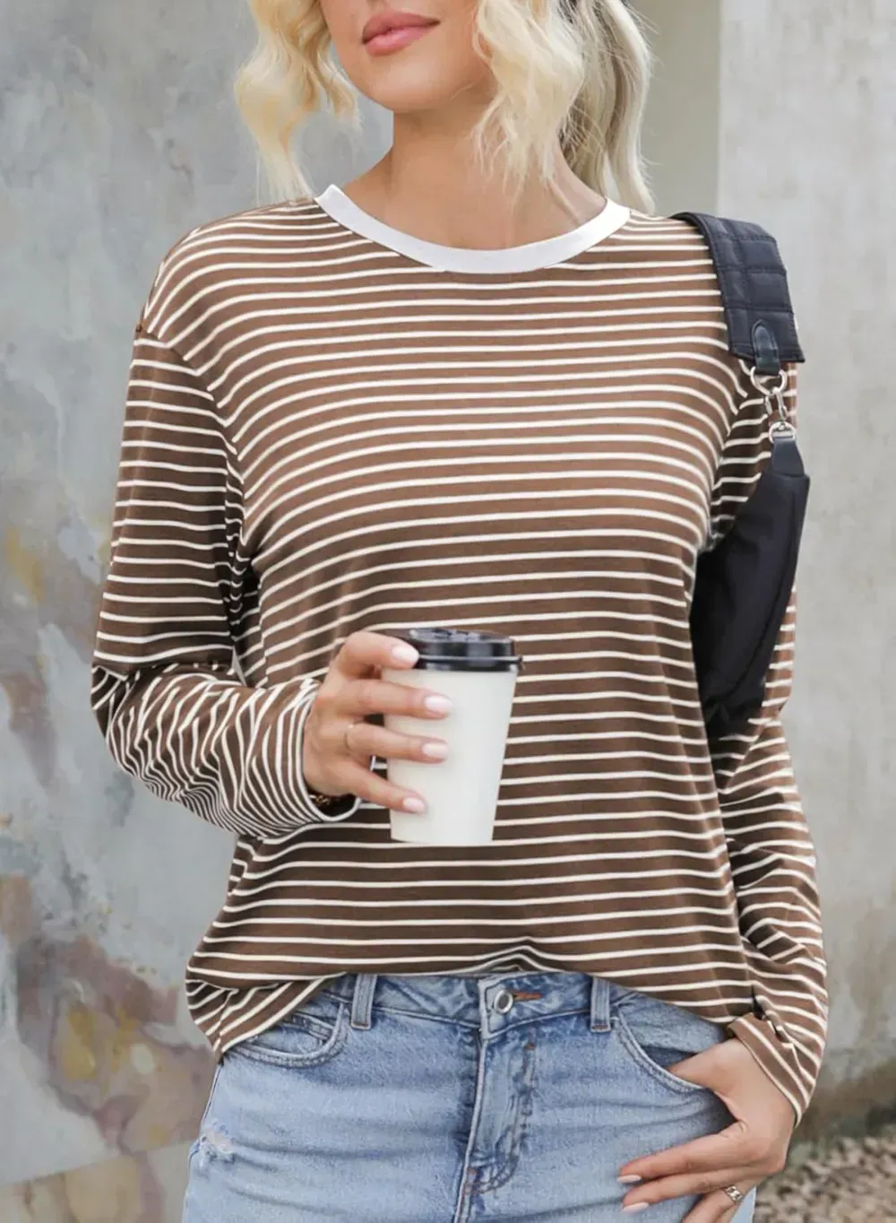 Dokotoo Women's Casual Striped Long Sleeve Tops Crew Neck Knit Ribbed Basic T Shirts