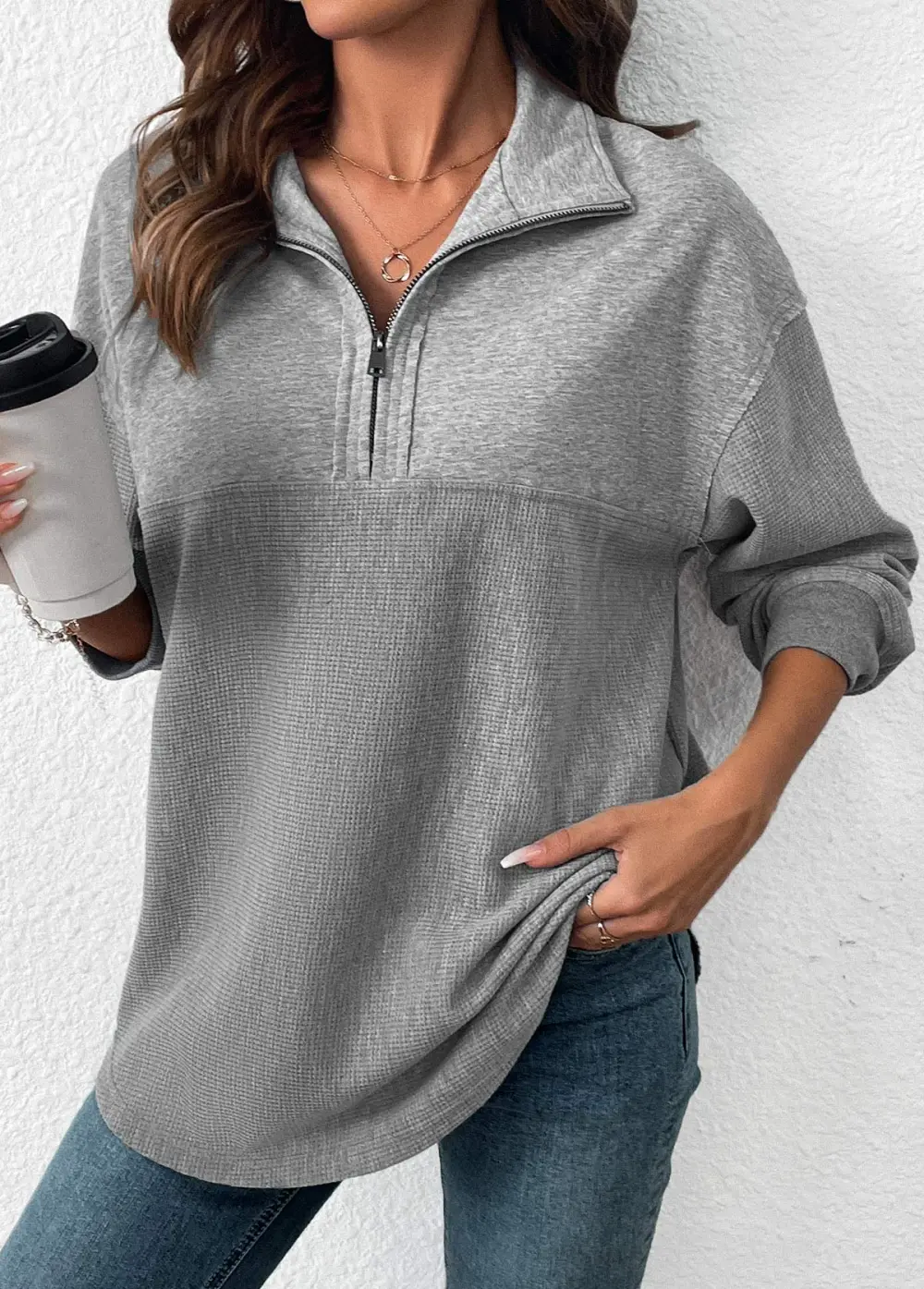Grey Tummy Coverage Long Sleeve Turn Down Collar Sweatshirt