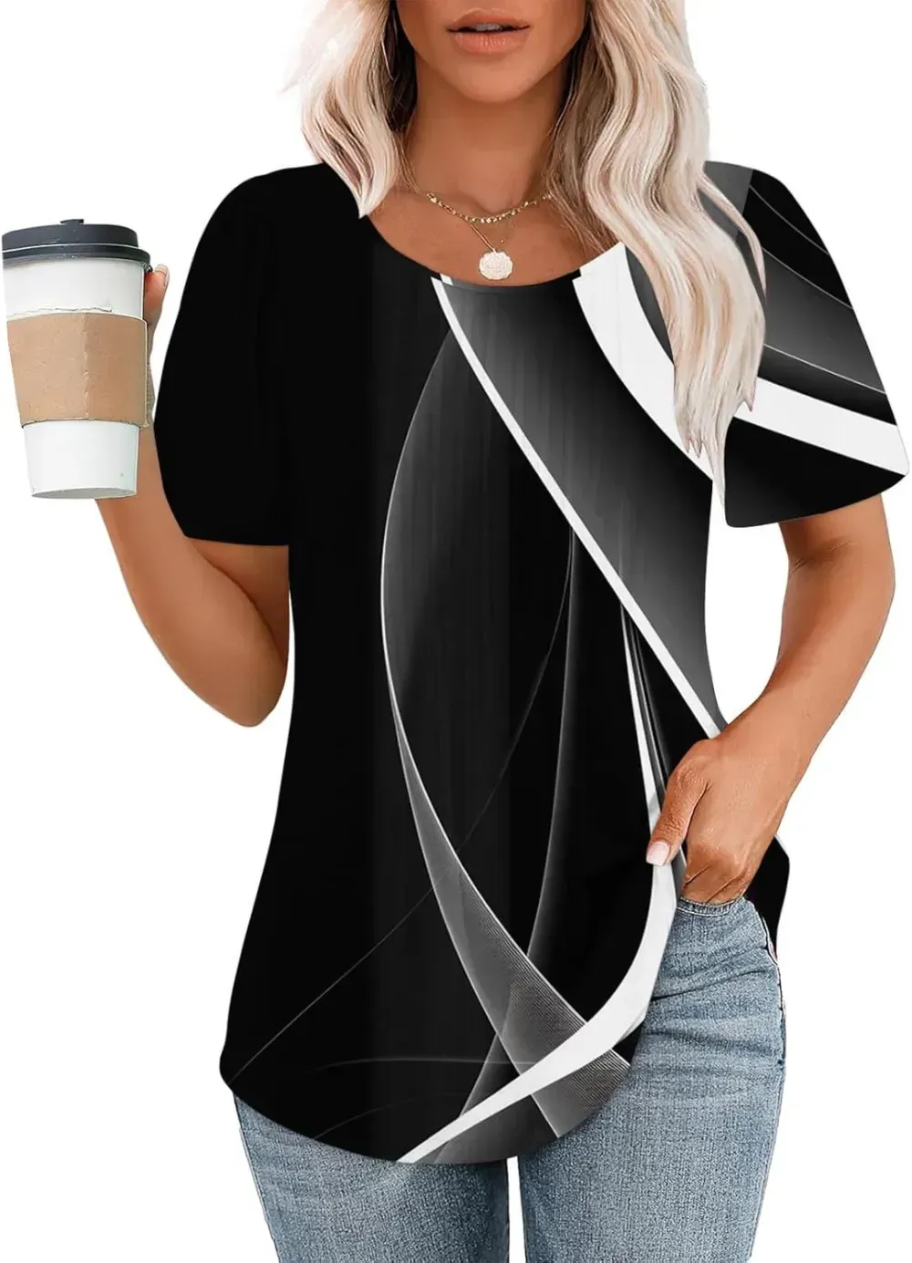 Womens Summer Pleated Front Shirts Tunics Casual Short Sleeved Loose Round Neck Boho Printed Tops Vacation Blouse