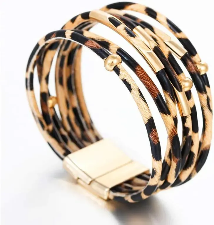 Fesciory Leather Wrap Bracelets for Women, Boho Leopard Multi-Layer Crystal Beads Cuff Bracelet Jewelry