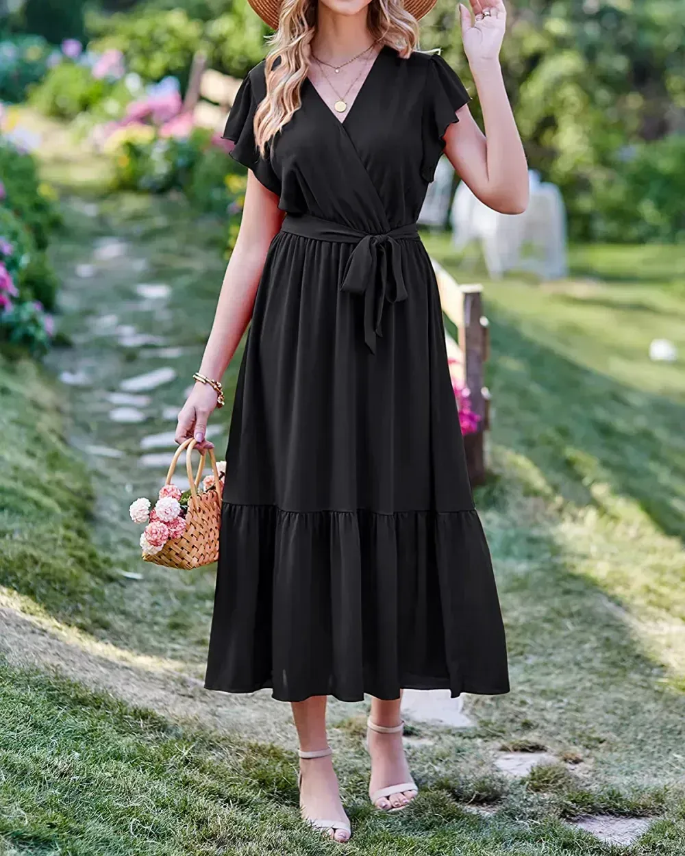 Women Summer Bohemian Floral Casual Wrap V Neck Ruffle Cap Sleeveless Belt A-Line Pleated Hem Swing Midi Sun Dress