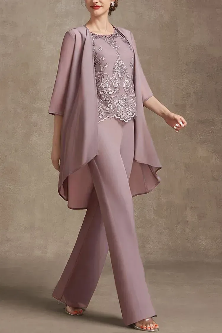 Plus Size Embroidery Chiffon Three Pieces Set Pant Suits