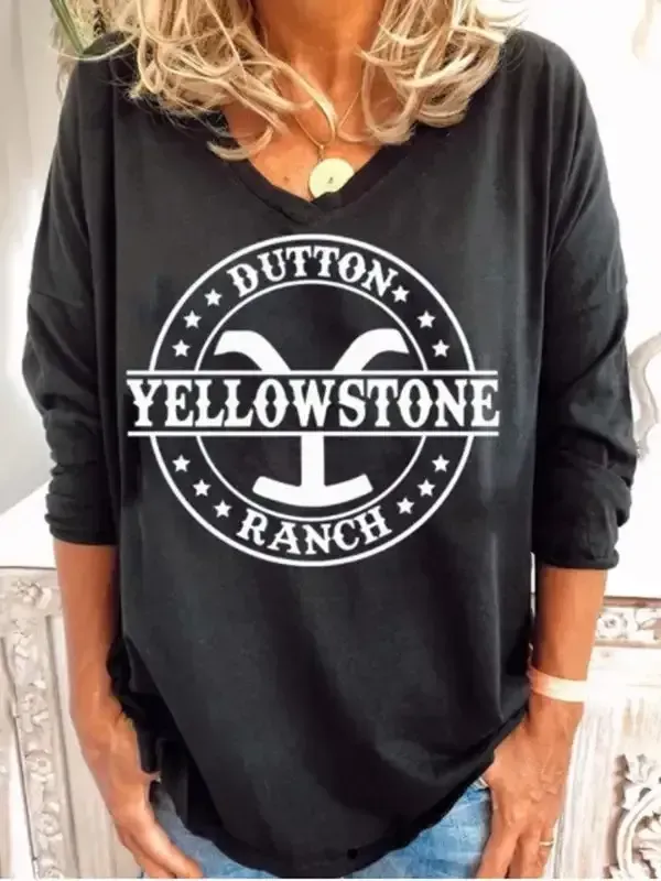 Women's T-Shirts Loose Print V-Neck Long Sleeve T-Shirt(⚡Clearance Sale)