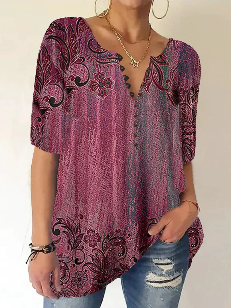 Women Half Sleeve V-neck Floral Printed Tops
