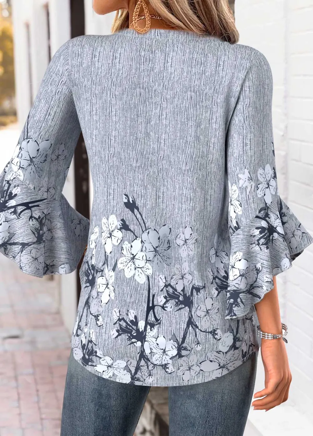 Light Grey Marl Floral Print 3/4 Sleeve Blouse