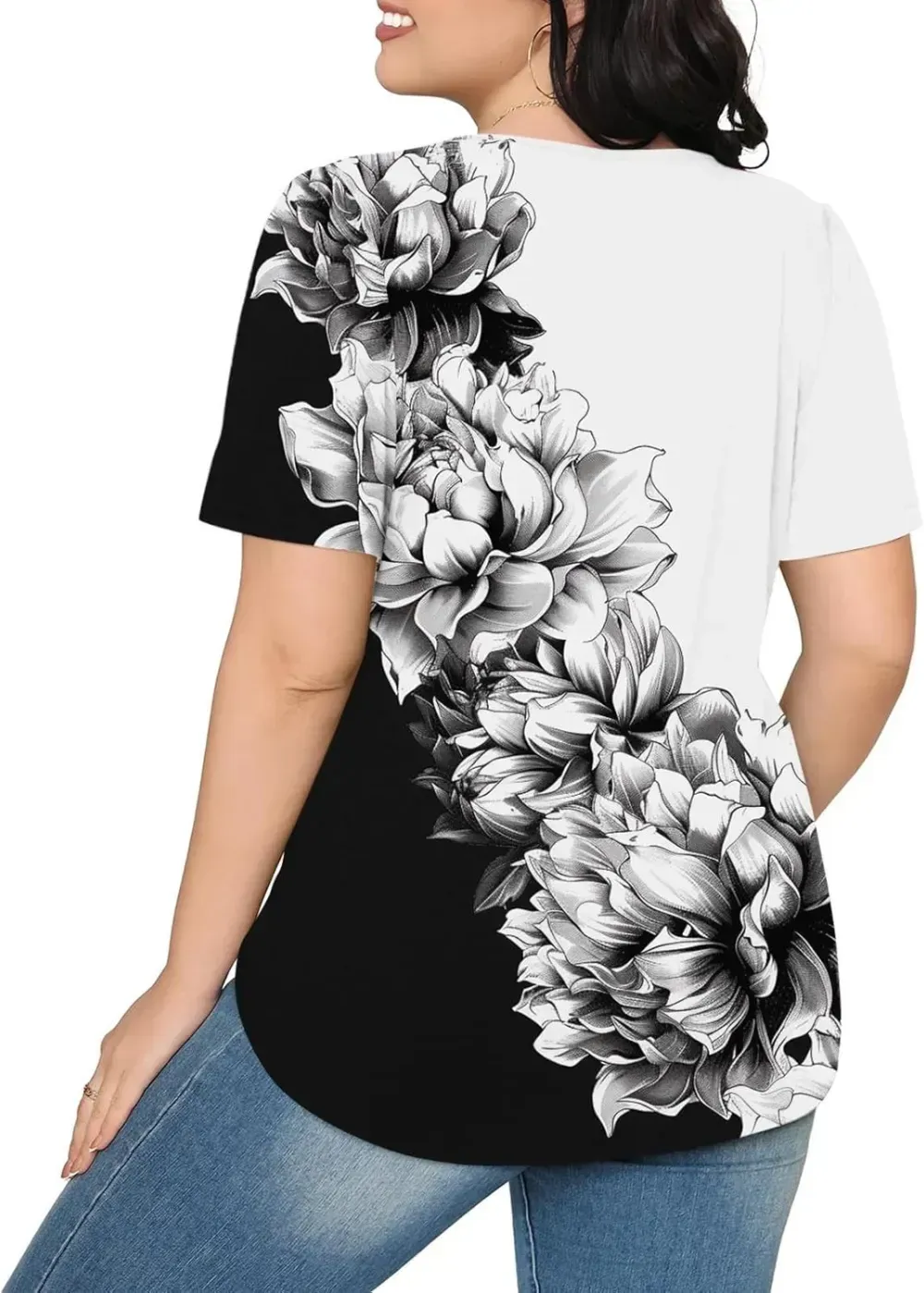 Womens Summer Pleated Front Shirts Tunics Casual Short Sleeved Loose Round Neck Boho Printed Tops Vacation Blouse