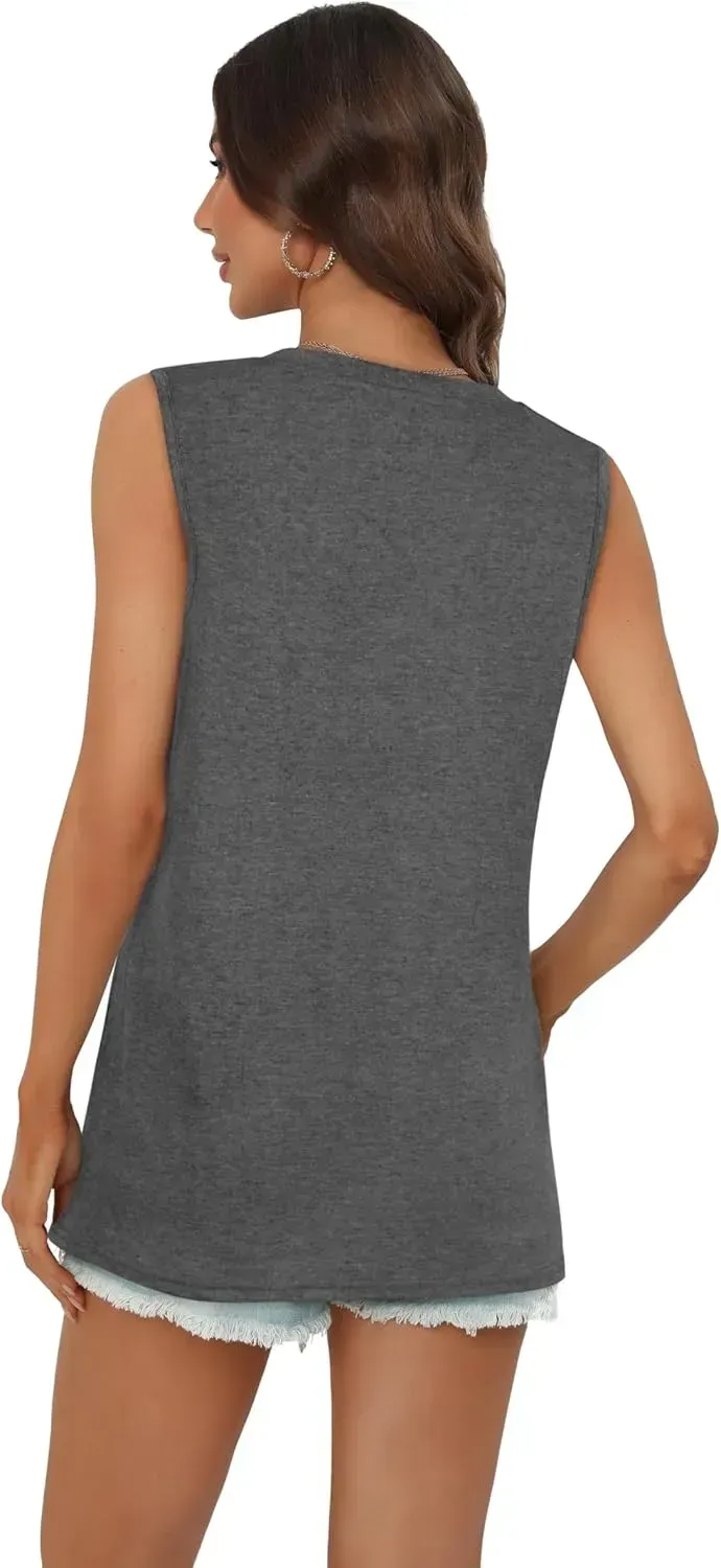 Summer Tops for Women Sleeveless V Neck Tshirt Loose Fit Casual Tank Tunic Blouse