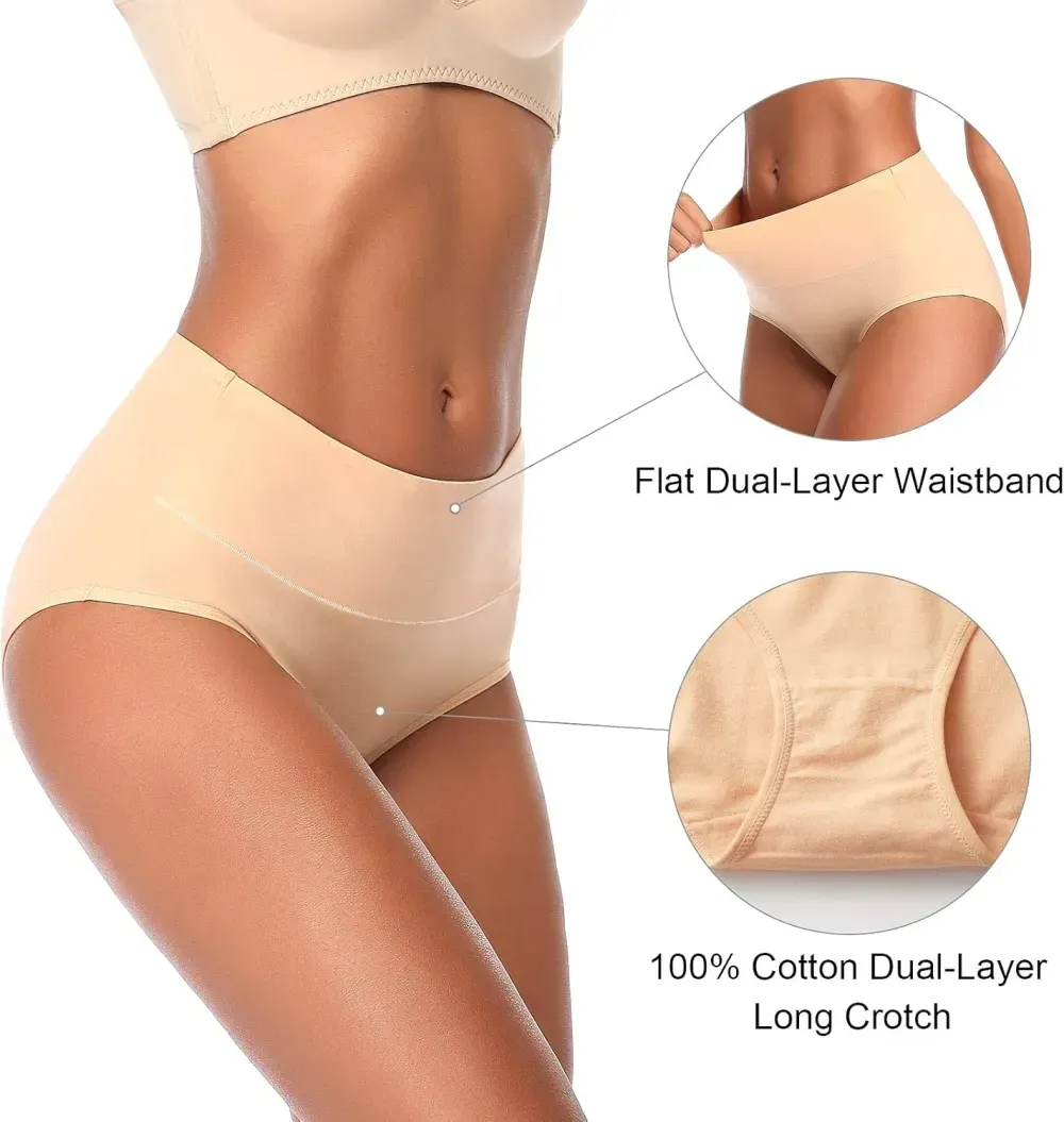 Womens Underwear,Cotton Mid Waist No Muffin Top Full Coverage Brief Ladies Panties Lingerie Undergarments for Women Multipack