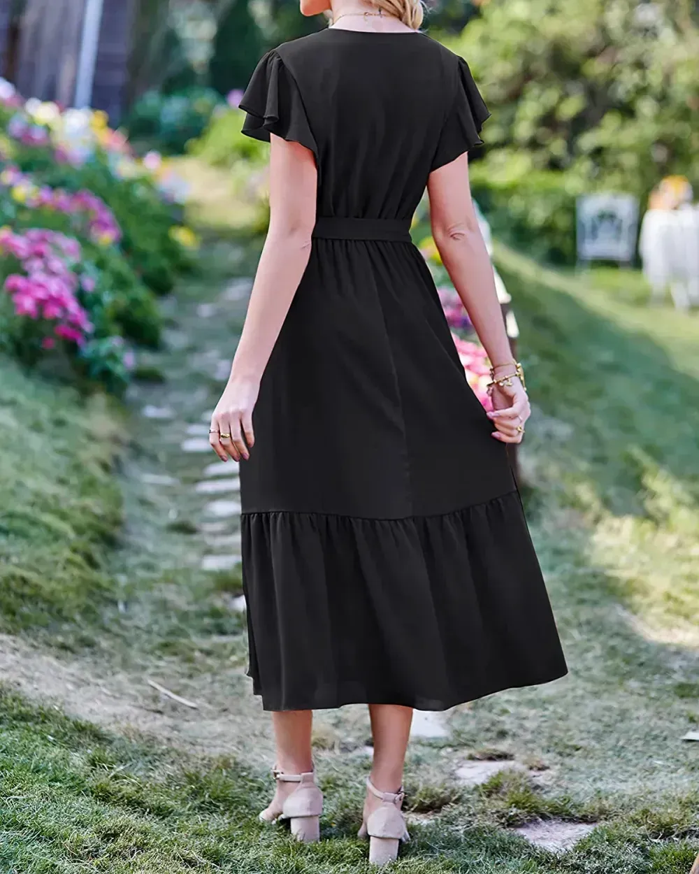 Women Summer Bohemian Floral Casual Wrap V Neck Ruffle Cap Sleeveless Belt A-Line Pleated Hem Swing Midi Sun Dress