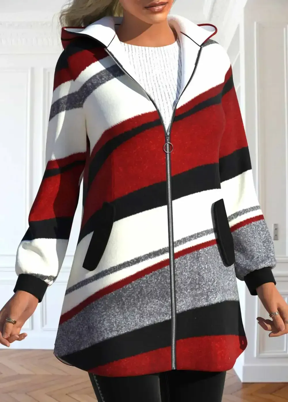Wine Red Pocket Geometric Print Long Sleeve Hooded Coat