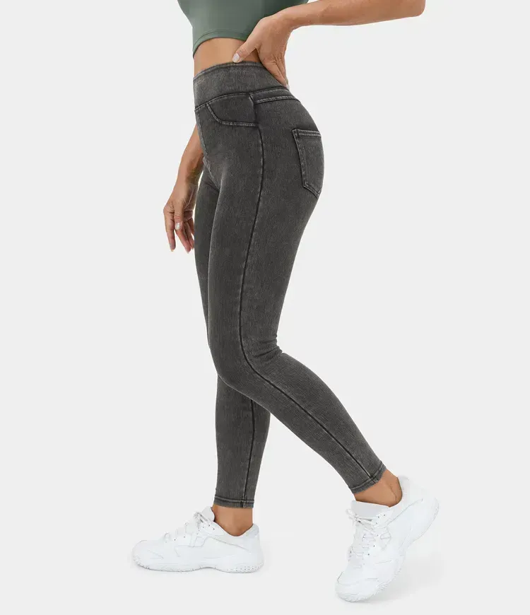 High Waisted Back Side Pocket Stretchy Knit Denim Casual Leggings