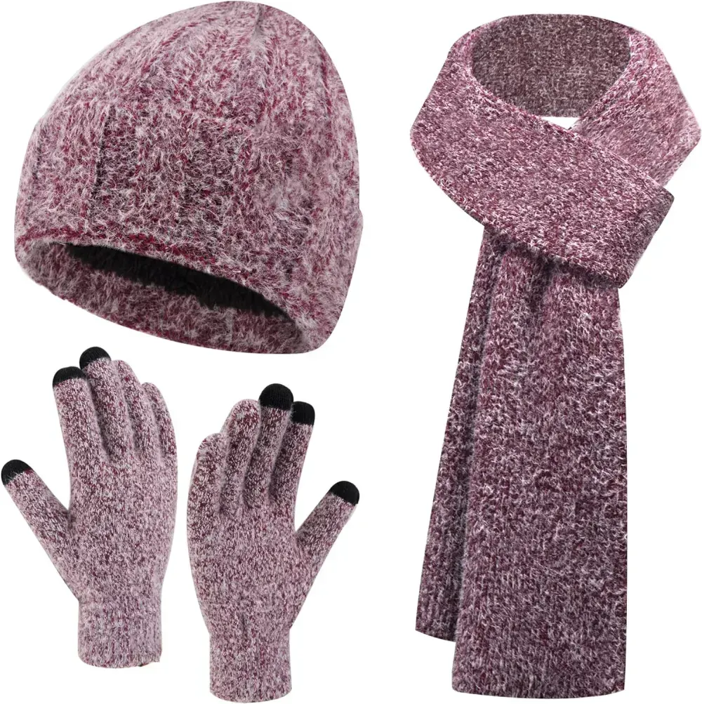 Womens Winter Warm Knit Beanie Hat Touchscreen Gloves Long Scarf Set with Fleece Lined Skull Caps Neck Scarves for Women Men