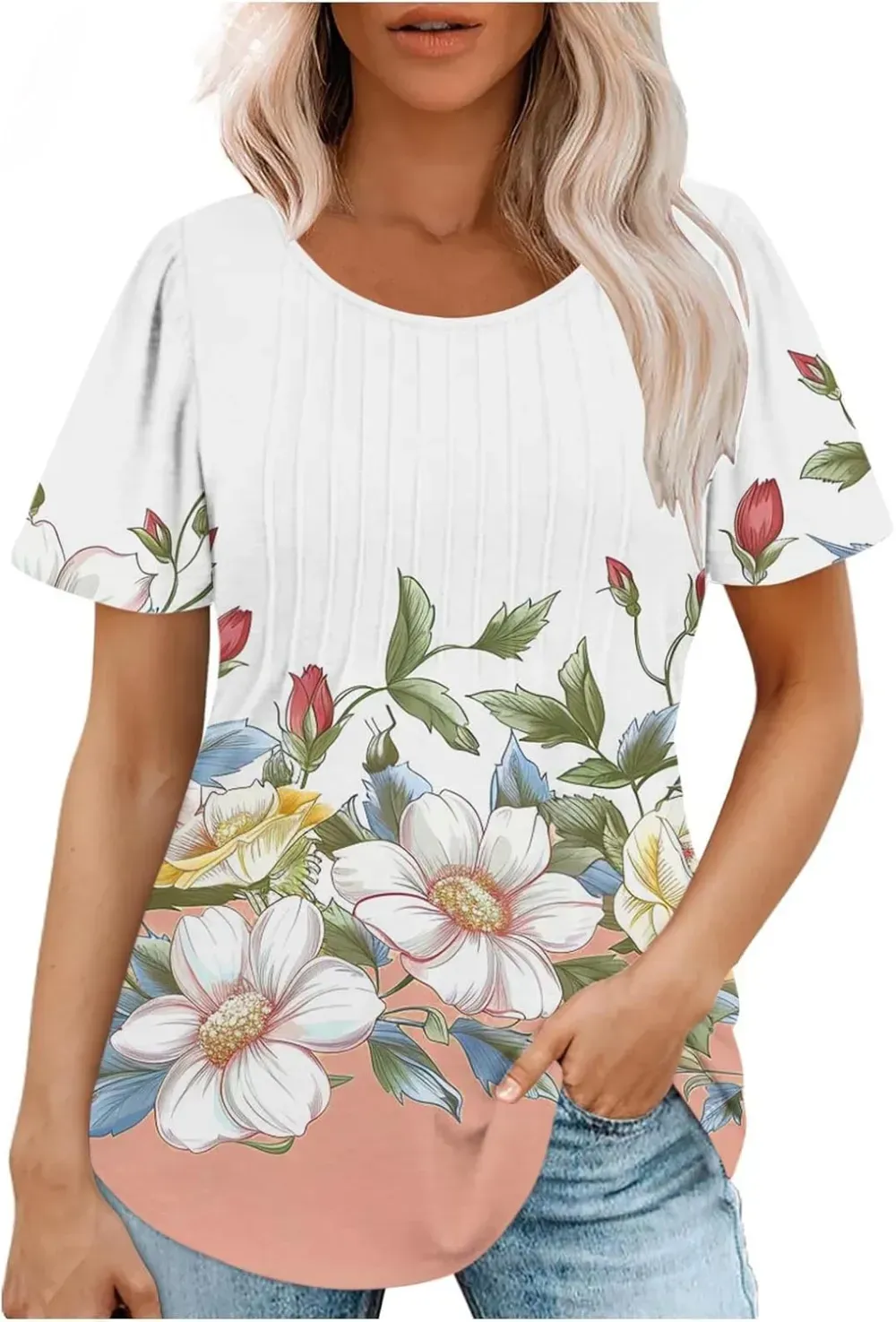 Womens Summer Pleated Front Shirts Tunics Casual Short Sleeved Loose Round Neck Boho Printed Tops Vacation Blouse