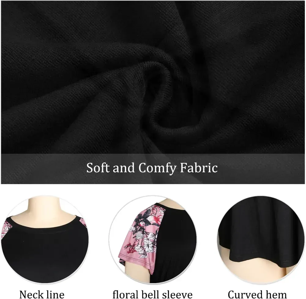 HDLTE Womens Plus Size Tops Floral Bell Sleeves Blouses Summer Crewneck Tunic Loose Casual T Shirts
