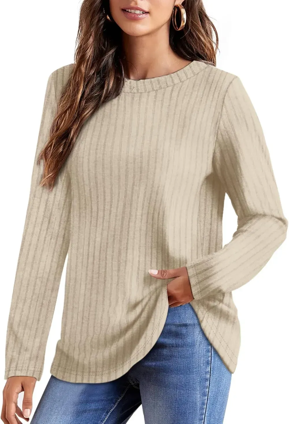 OFEEFAN Long Sleeve Shirts for Women Lightweight Crew Neck Casual Tunic Tops