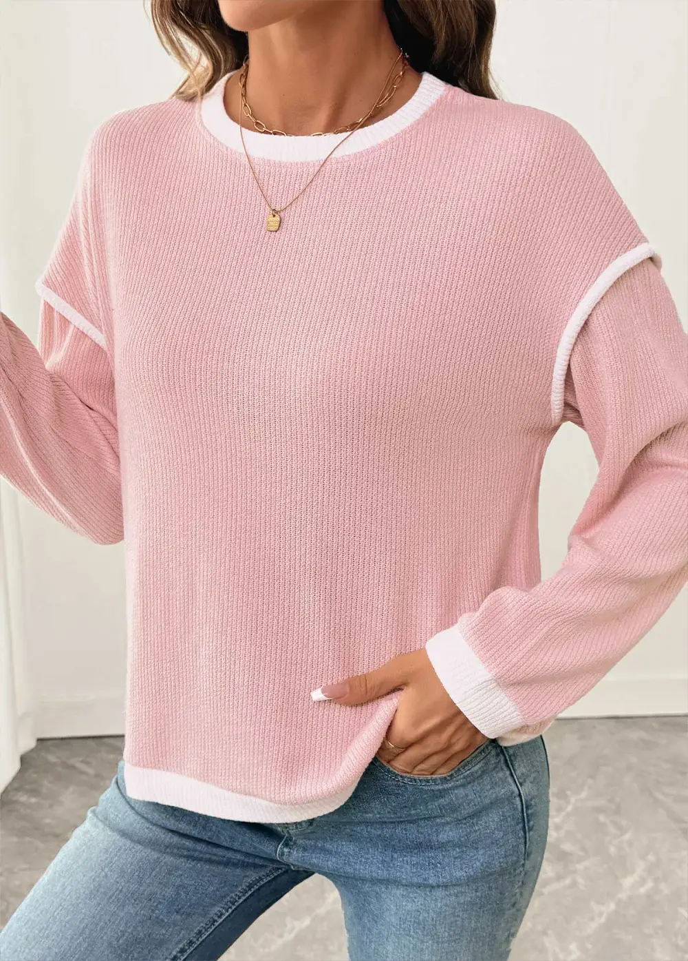 Pink Patchwork Long Sleeve Round Neck Sweatshirt