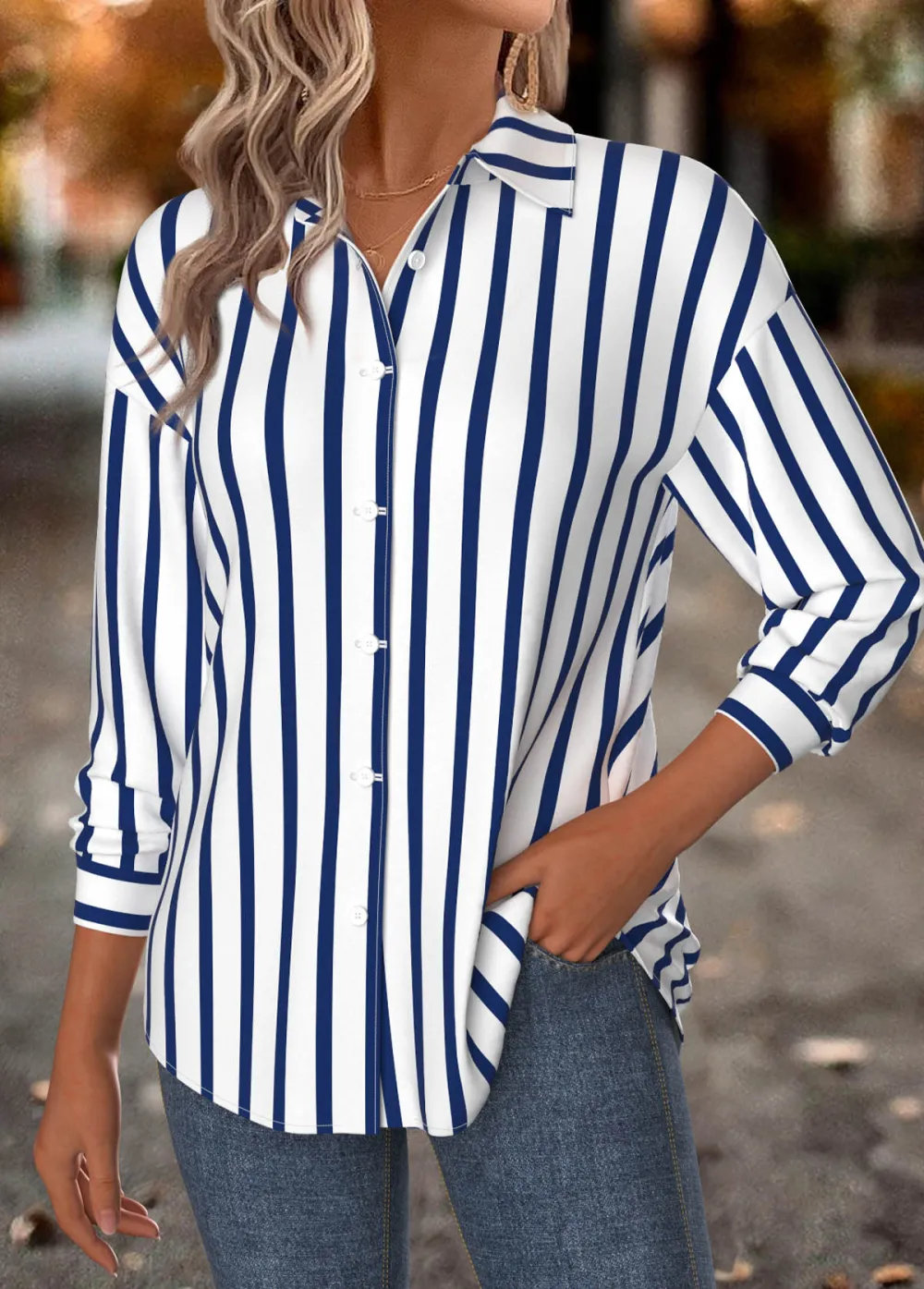 Navy Tummy Coverage Striped Long Sleeve Shirt